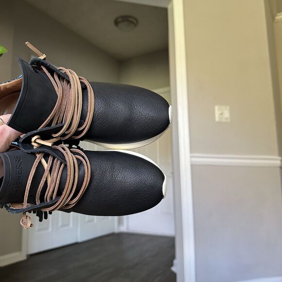 ESSEUTESSE Leather Fringe Black Sneakers Comfort Slip On Size 38 Handmade Italy - Picture 7 of 14